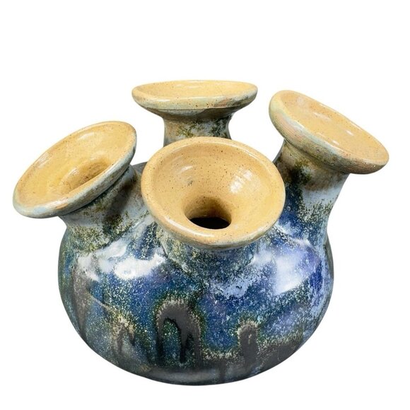 Vintage Hand Made Dutch Vase 4 Stem Utter Vase Signed Heavy Drip‎ Glaze Vessel